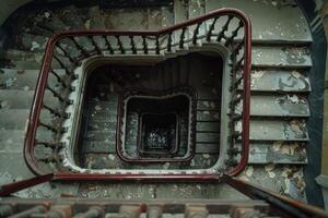 Topdown view of a decaying spiral staircase in a deserted structure photo