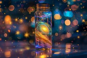 Galaxy in a jar on a sparkling bokeh background photo