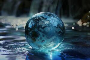 Crystal globe on water surface with reflective bokeh background photo