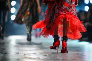 atractivo pasadizo modelos en alto tacones a Moda espectáculo foto