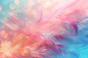 Soft, ethereal background of delicate feathers in pastel hues with bokeh highlights photo