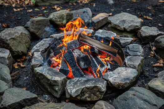 Cozy campfire surrounded by rocks photo