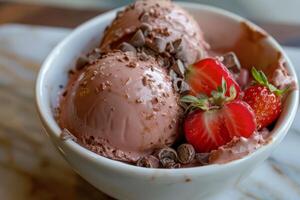 Decadent chocolate ice cream with fresh strawberries photo