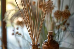 Aromatic reed diffuser in serene home setting photo