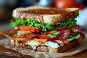 Delicious blt sandwich with crispy bacon and toasted bread resting on paper photo