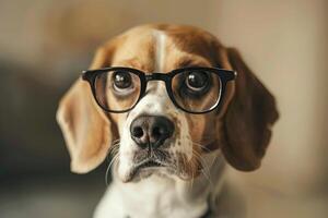 Portrait of a beagle dog with round glasses looking curiously at the camera photo