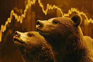 Two bear figurines standing before a stock market graph showing bear market trends photo
