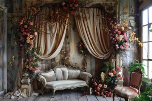Elegant sofa standing in front of draped curtains decorated with flowers in rustic room photo