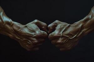 Powerful bodybuilder showing veins and muscles on hands clenching fists on black background photo