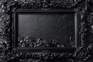 Black ornate picture frame with blank rough textured background with copy space photo