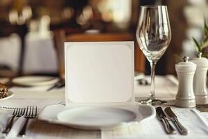 Elegant empty card showing on a table in a restaurant photo