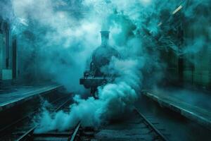 Old steam train standing on platform at night and generating huge amount of smoke photo