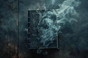 Ancient book with smoke emanating from its pages on a dark wooden table photo