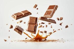 Chocolate bars falling and splashing into liquid caramel photo