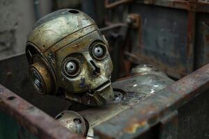 Old rusty robot lying down and waiting in a junkyard photo