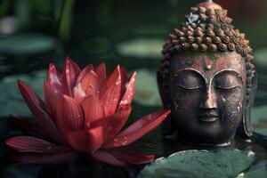 Buddha statue floating in water with red lotus flower photo