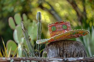 Colorful mexican sombrero resting on wood with cactus in background photo