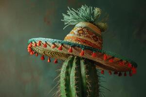 Sombrero is resting on a cactus with a green wall on the background photo