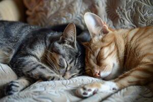 Two cats sleeping peacefully on a comfortable sofa photo