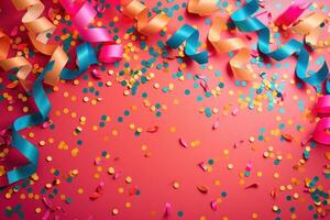 Colorful confetti and streamers creating festive party background on pink surface photo