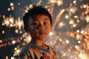 Young boy standing with fireworks exploding in background photo