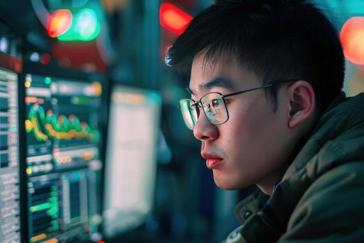 Focused asian stock trader analyzing charts on multiple computer screens in office at night photo