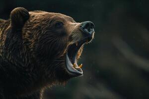 Large brown bear showing teeth roaring in the rain photo