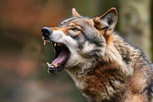Eurasian wolf showing teeth while howling in forest photo