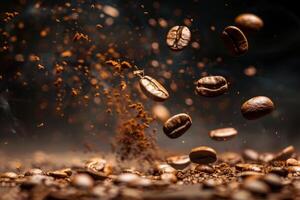 Roasted coffee beans and powder falling down in super slow motion photo