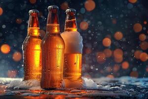 Three glass bottles of cold beer resting on a wet bar surface photo