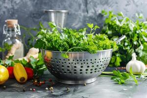 Freshly washed parsley in colander with vegetables and spices photo