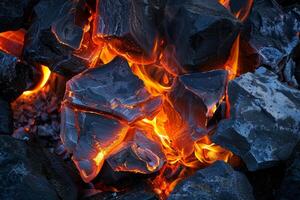Highresolution image of hot charcoal embers glowing in a dark environment photo