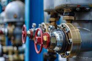Closeup image of a red valve on a complex industrial pipeline system photo