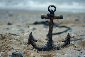 Old rusty anchor on sandy beach with ocean waves in background photo