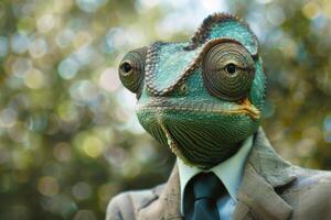 Chameleon in business attire with bokeh background photo