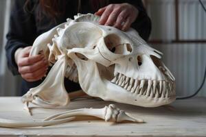 Detailed view of a researcher putting together an animal skull and bones on a worktable photo