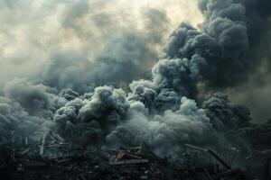 Dark smoke rises dramatically from the debris of a devastated landscape, evoking an apocalyptic scene photo