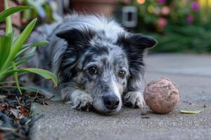 Border collie relaxing after playing fetch photo