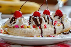 Banana split sundae drizzled with chocolate syrup photo