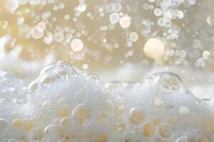 Close up of sparkling soap sud bubbles with bokeh effect photo