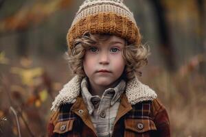 Young boy wearing a beanie and warm jacket posing in an autumn forest photo