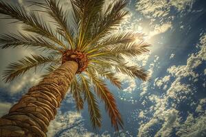 Palm tree reaching for the sky on a sunny day with clouds photo