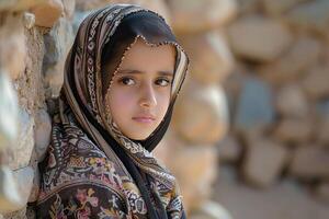 Young middle eastern girl wearing a hijab is posing in front of a stone wall photo