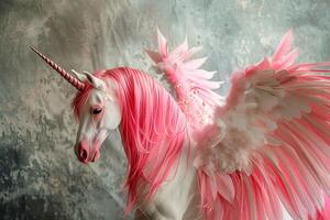 Pink and white unicorn with feather wings posing in a studio photo