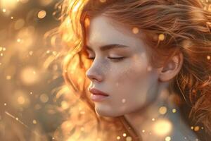 Beautiful redhead model with freckles is posing in golden light with eyes closed photo