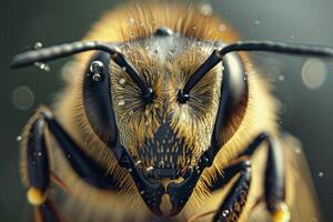 Honey bee covered in water droplets posing for a macro portrait photo