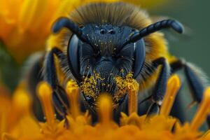 Bumblebee is covered in pollen as it gathers nectar from a flower photo