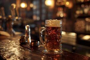 Mug of beer with foam standing on bar counter in pub with bartender out of focus photo