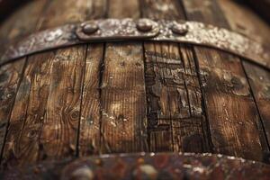 Rustic wooden barrel with metal bands showing detailed wood grain and texture photo