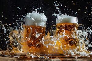 Two beer mugs splashing and making a toast on a wooden table photo